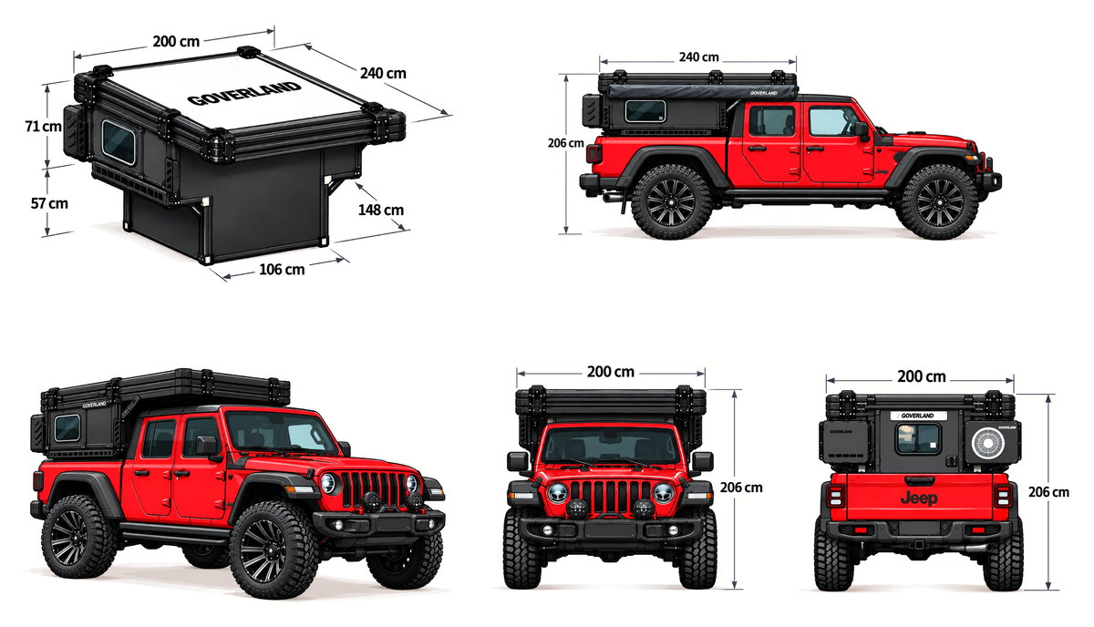 GOAT drawings — upper box 200 × 240 × 71 cm, lower box 106 × 148 × 57 cm, 206 cm overall height on a Jeep Gladiator